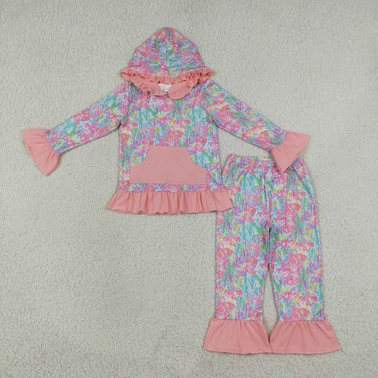 Baby Girls Sea Plants Pocket Ruffle Hoodie Pants Clothes Sets