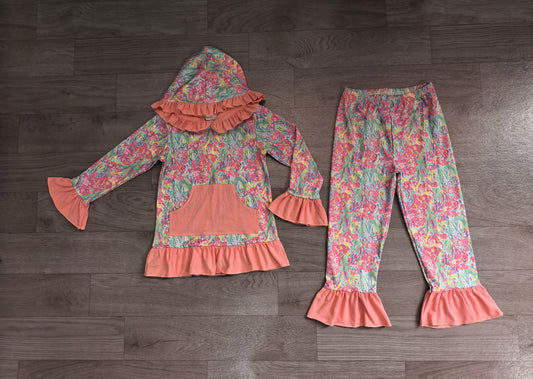 Baby Girls Sea Plants Pocket Ruffle Hoodie Pants Clothes Sets Preorder