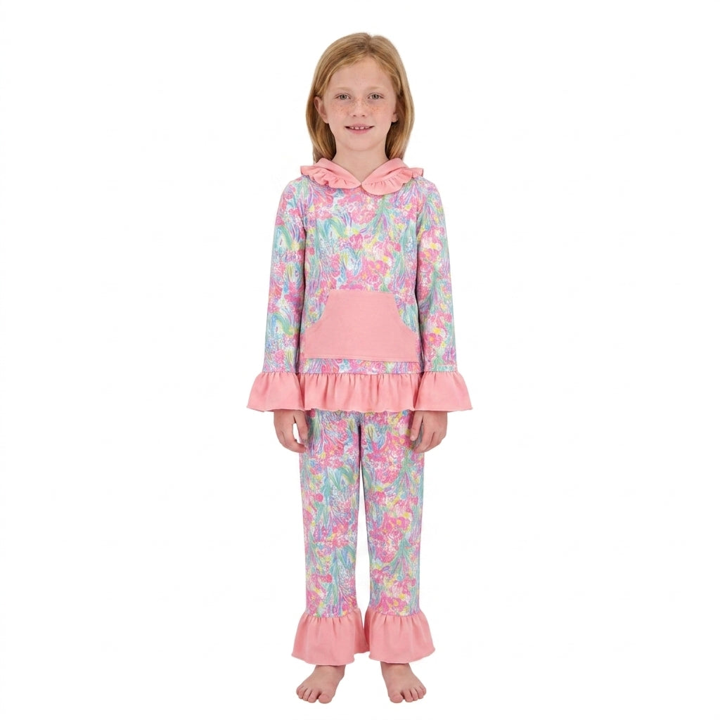 Baby Girls Sea Plants Pocket Ruffle Hoodie Pants Clothes Sets