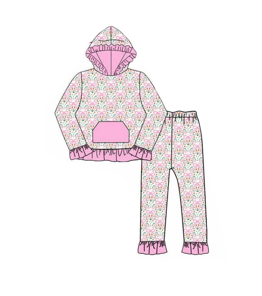 Baby Girls Bows Flowers Pocket Ruffle Hoodie Pants Clothes Sets Preorder