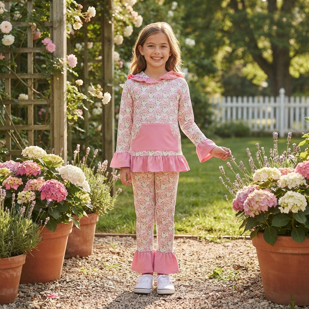 Baby Girls Pink Small Flowers Bows Pocket Ruffle Hoodie Pants Clothes Sets
