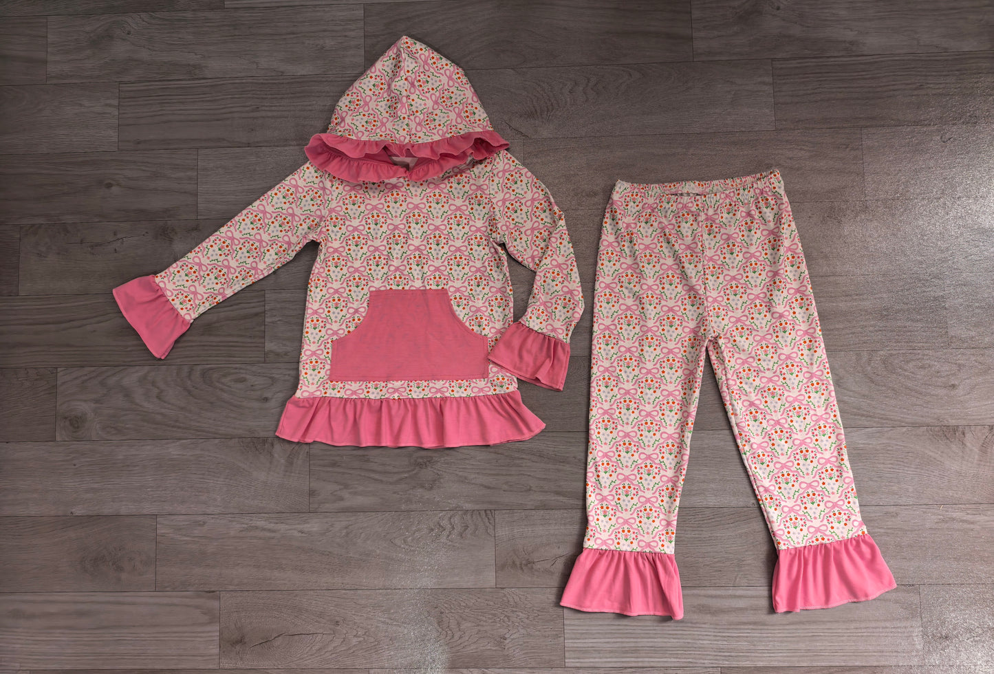 Baby Girls Bows Flowers Pocket Ruffle Hoodie Pants Clothes Sets Preorder