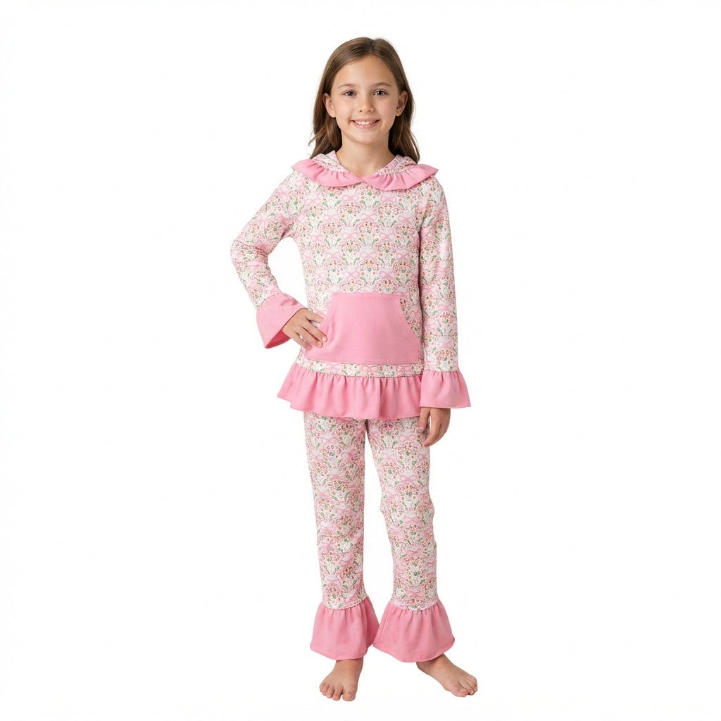 Baby Girls Pink Small Flowers Bows Pocket Ruffle Hoodie Pants Clothes Sets