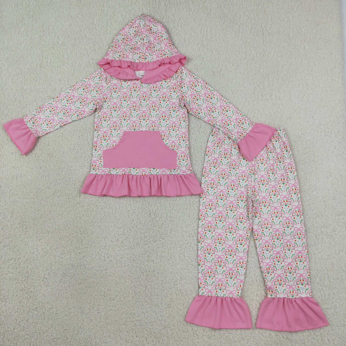 Siblings Baby Girls Colorful Flowers Pockets Ruffle Hoodie Pant Fall Clothes Sets
