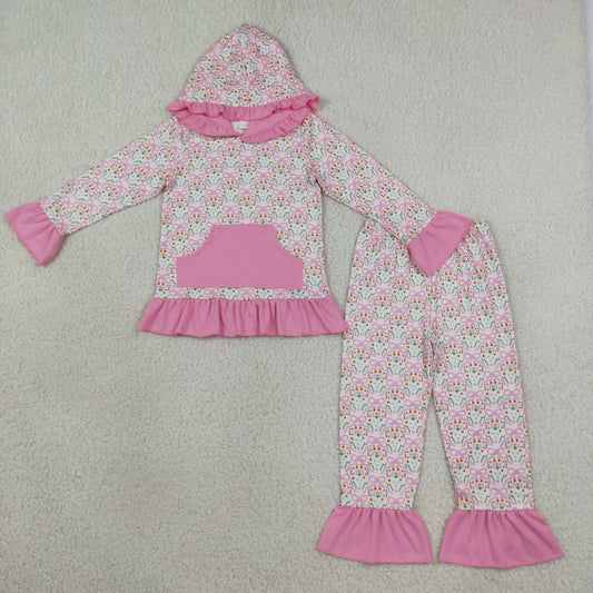 Siblings Baby Girls Colorful Flowers Pockets Ruffle Hoodie Pant Fall Clothes Sets