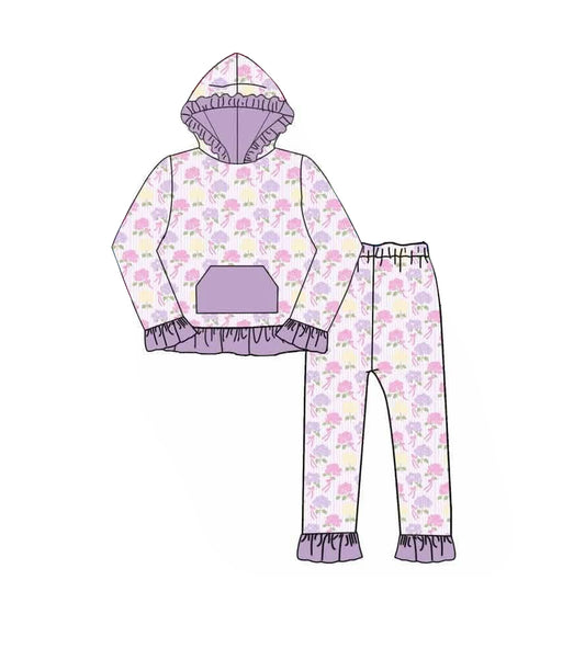 Preorder moq 5 Baby Girls Bows Flowers Pocket Ruffle Hoodie Pants Clothes Sets