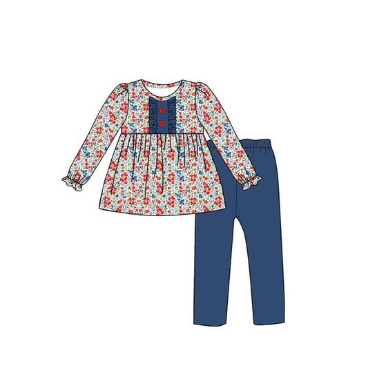 Preorder moq 5 Baby Girls Red Blue Flowers Button Tunic Leggings Clothes Sets