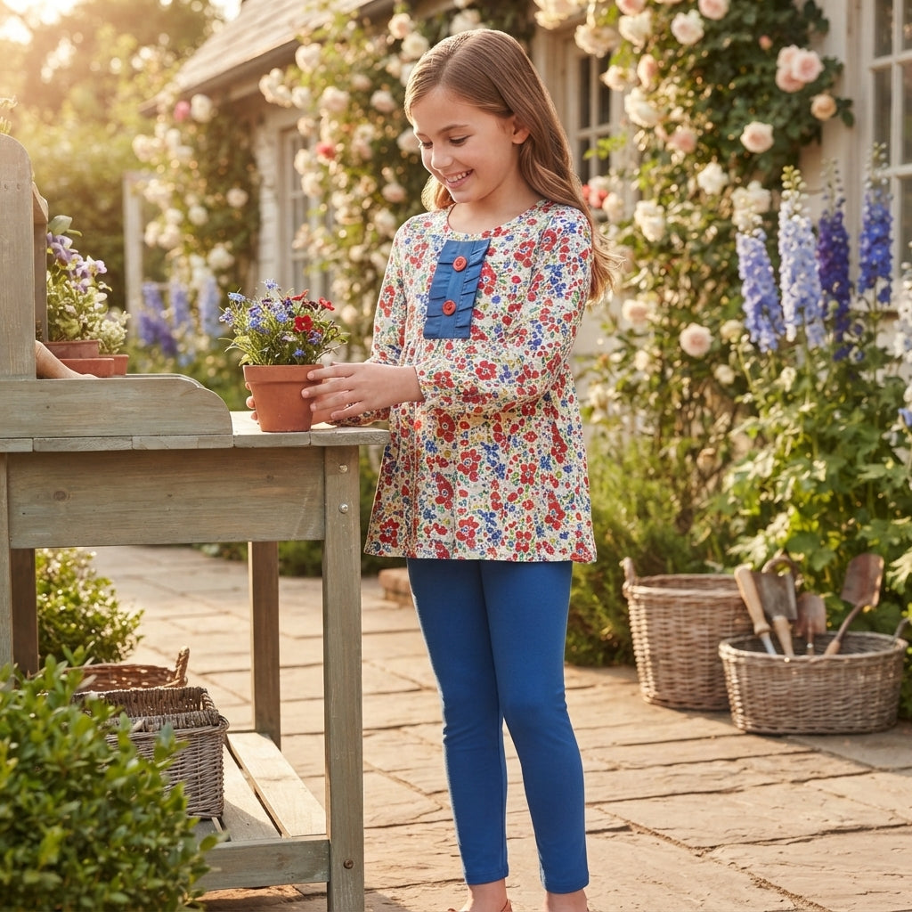 Baby Girls Red Blue Flowers Button Tunic Leggings Fall Clothes Sets