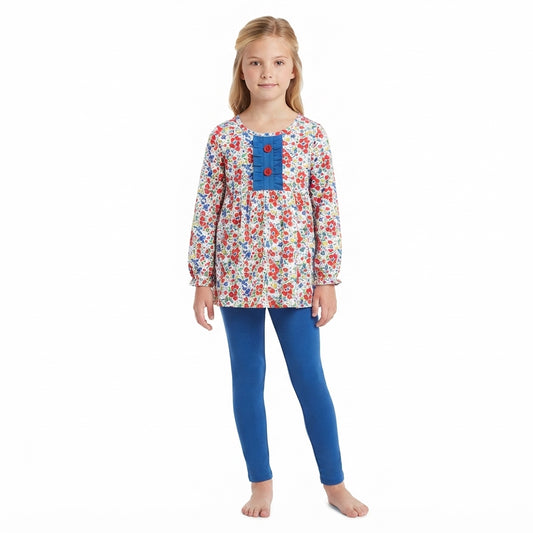 Baby Girls Red Blue Flowers Button Tunic Leggings Fall Clothes Sets