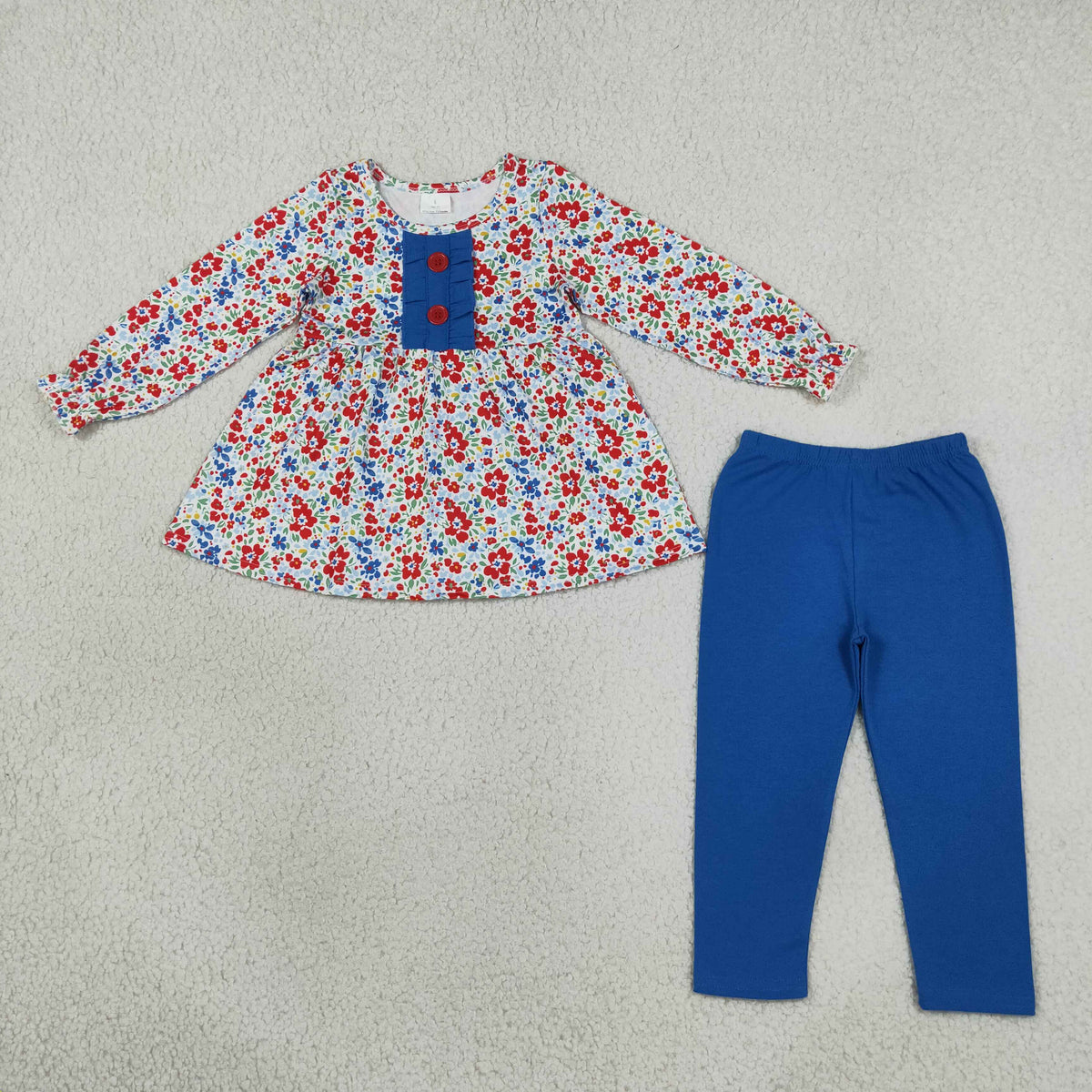 Baby Girls Red Blue Flowers Button Tunic Leggings Fall Clothes Sets