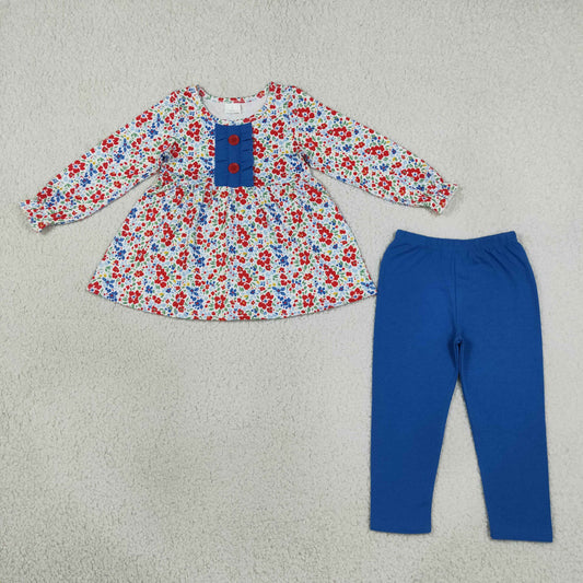Baby Girls Red Blue Flowers Button Tunic Leggings Fall Clothes Sets