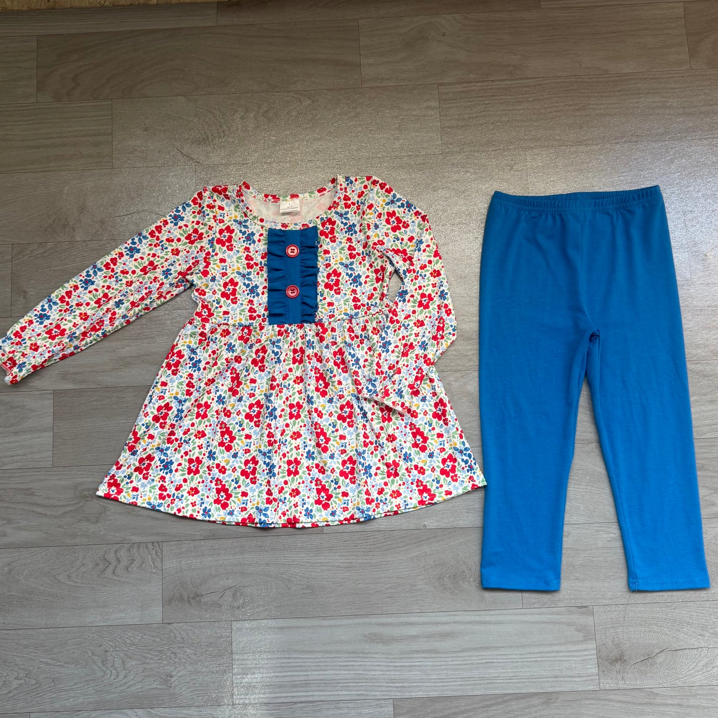 Baby Girls Red Blue Flowers Button Tunic Leggings Clothes Sets Preorder