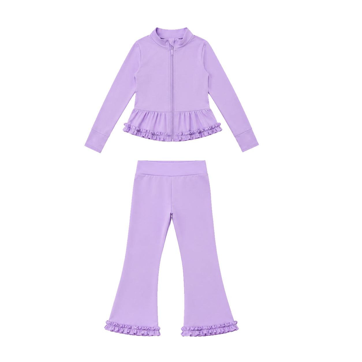Preorder moq 5 Baby Girls Purple Zip Ruffle Jacket Flare Pant Yoga Active Clothes Set