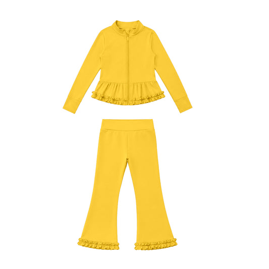 Preorder moq 5 Baby Girls Yellow Zip Ruffle Jacket Flare Pant Yoga Active Clothes Set