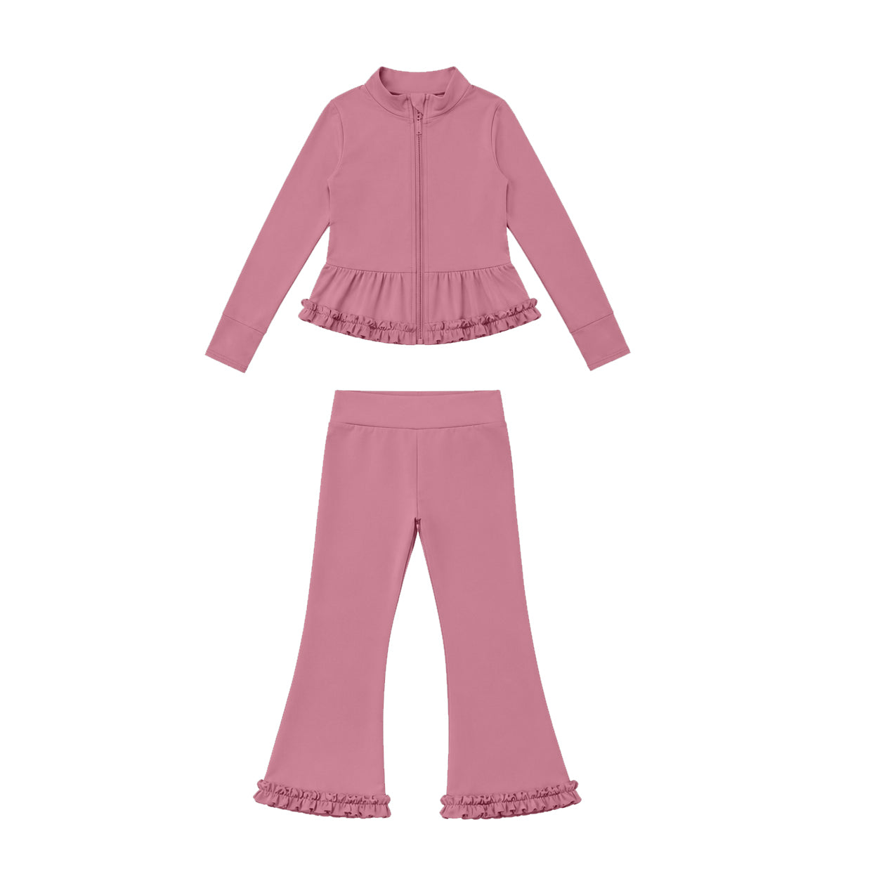 Preorder moq 5 Baby Girls Dusty Rose Zip Ruffle Jacket Flare Pant Yoga Active Clothes Set