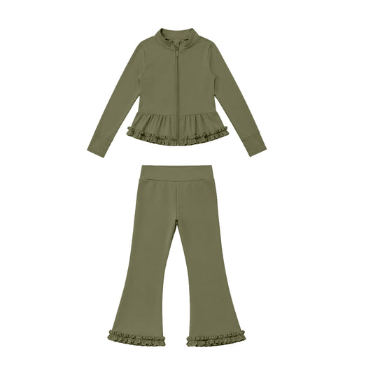 Preorder moq 5 Baby Girls Dark Green Zip Ruffle Jacket Flare Pant Yoga Active Clothes Set