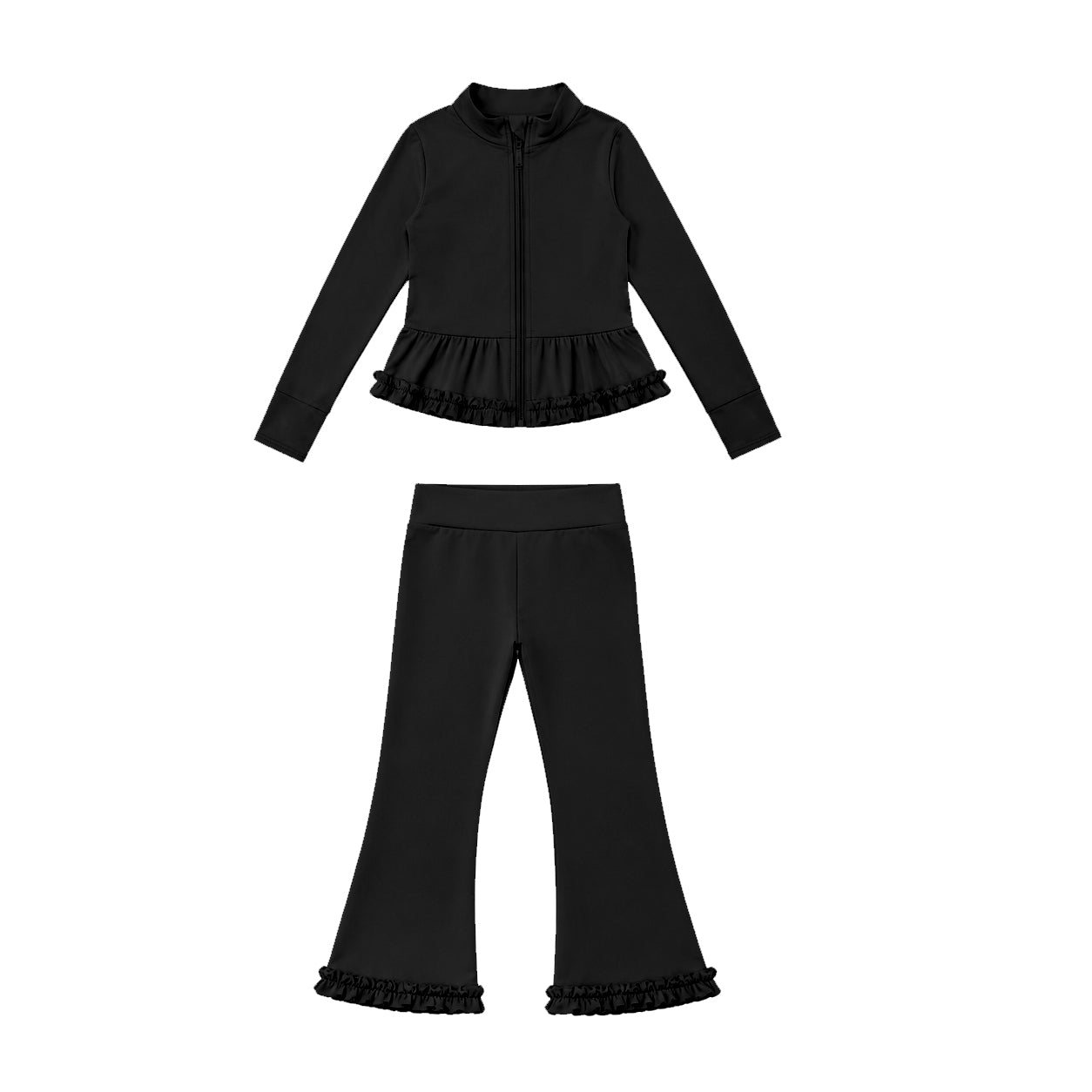Preorder moq 5 Baby Girls Black Zip Ruffle Jacket Flare Pant Yoga Active Clothes Set