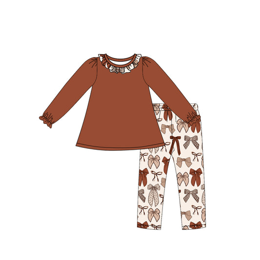 Preorder moq 5 Baby Girls Brown Tunic Bows Leggings Pant Fall Clothes Sets