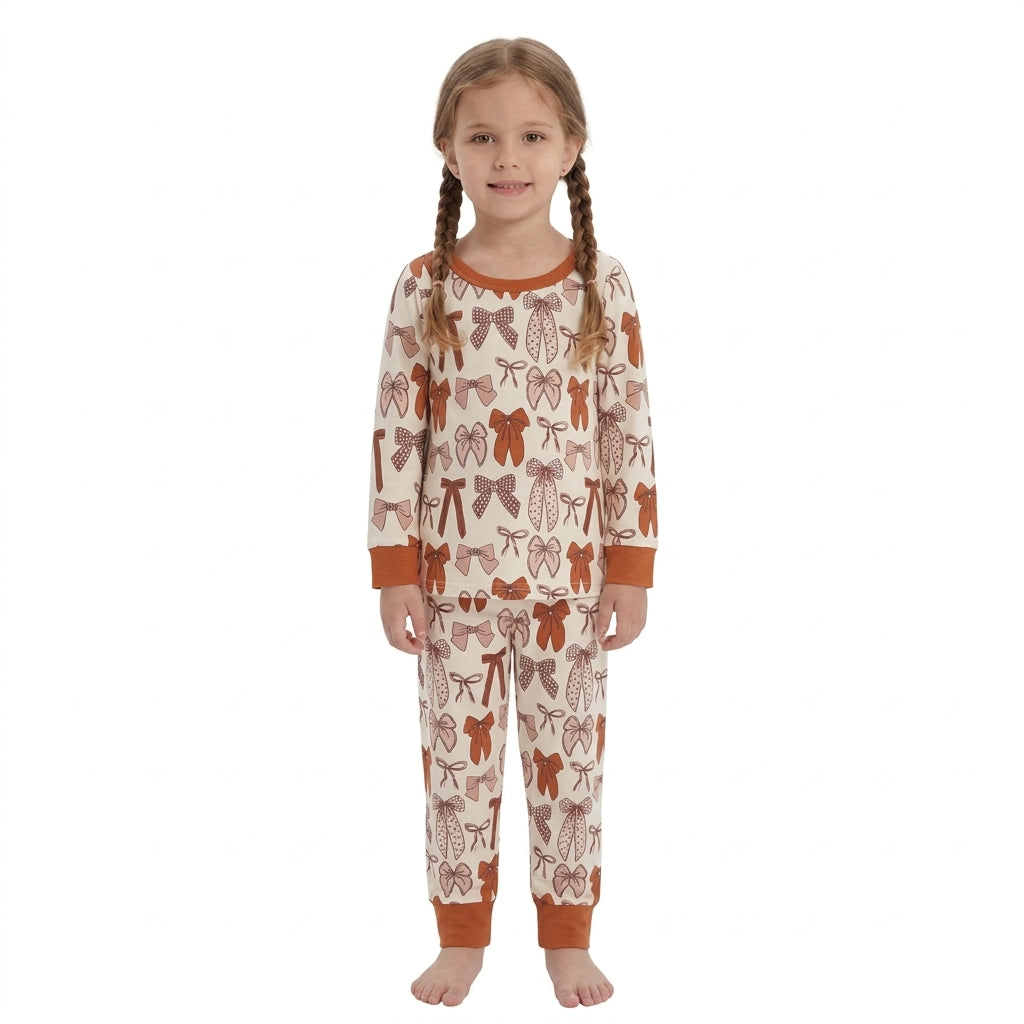 Baby Girls Long Sleeve Bows Plaid Top Pant Fall Pajamas Sets