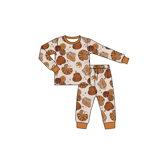 Preorder moq 5 Baby Girls Flowers Turkey Top Pant Thanksgivings Pajamas Sets