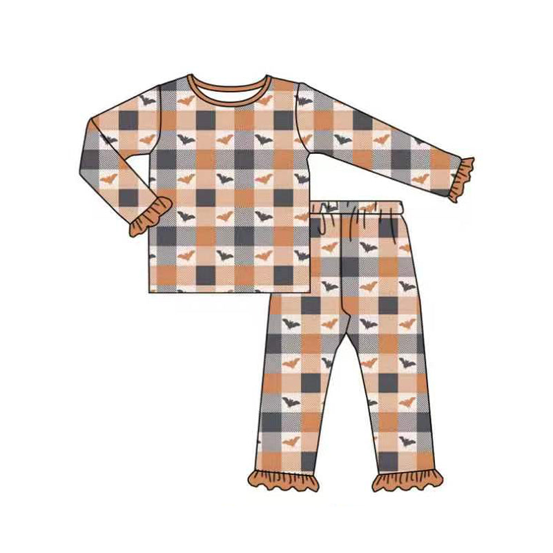 Preorder moq 5 Baby Girls Bats Checked Top Ruffle Pant Halloweens Pajamas Sets