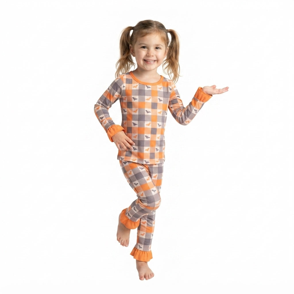 Baby Girls Bats Checked Top Ruffle Pant Halloweens Pajamas Sets