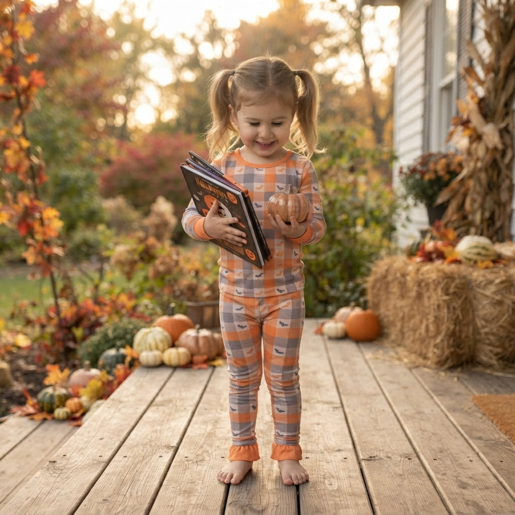 Baby Girls Bats Checked Top Ruffle Pant Halloweens Pajamas Sets