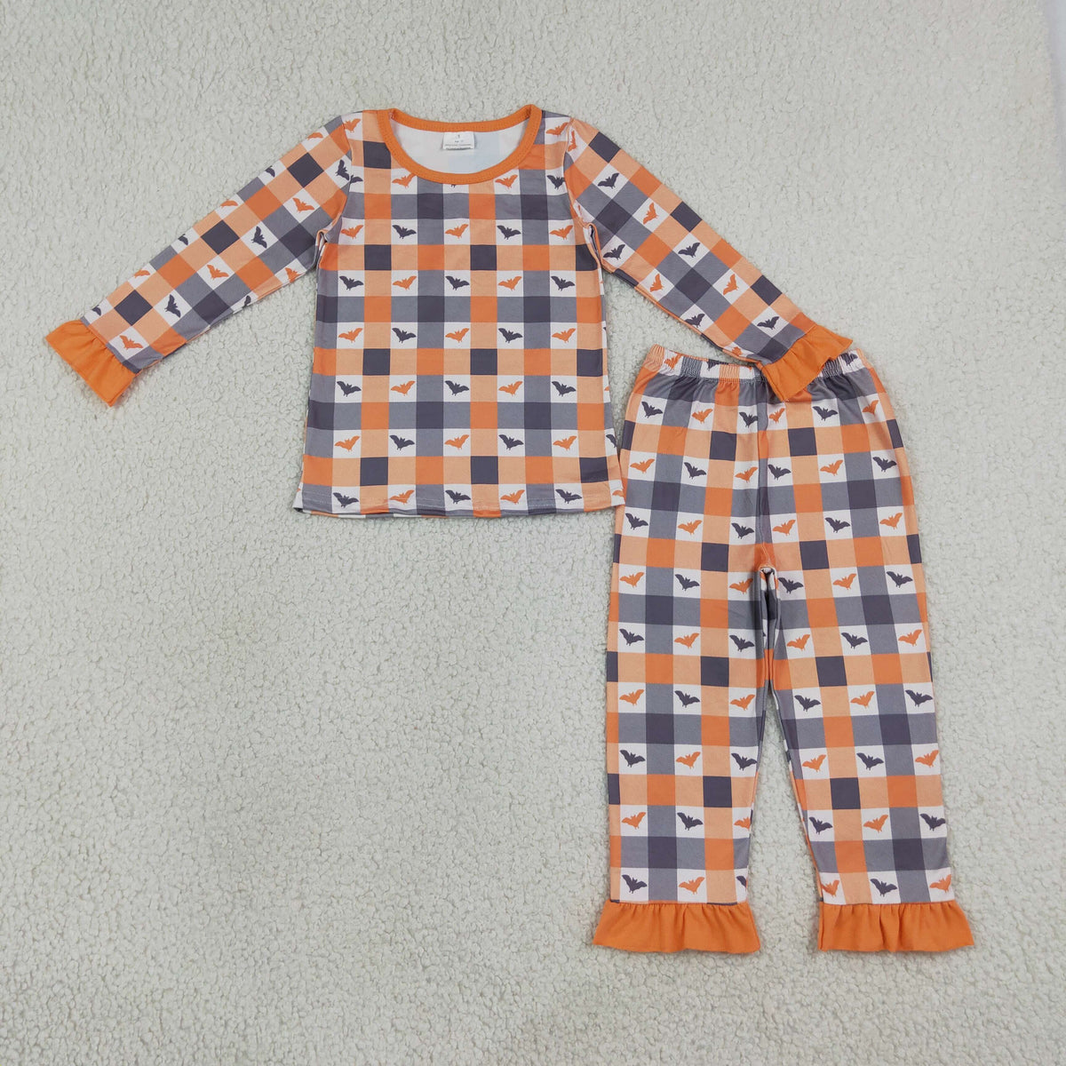 Family Sibling Bats Checked Women Girls Halloween Pajamas Sets Ruffle Dress Pant Blanked