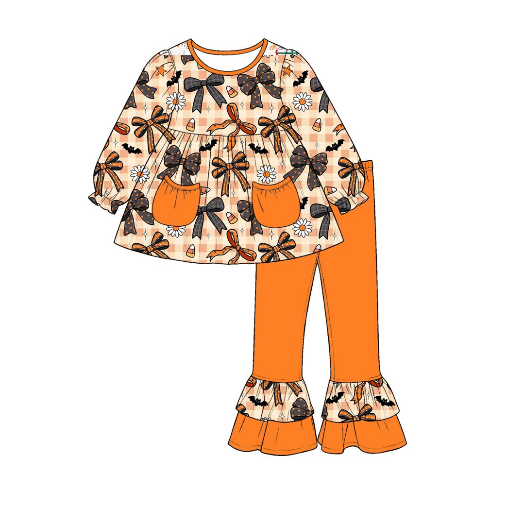 Preorder moq 5 Baby Girls Bats Flowers Pockets Tunic Ruffle Pant Halloweens Clothes Sets