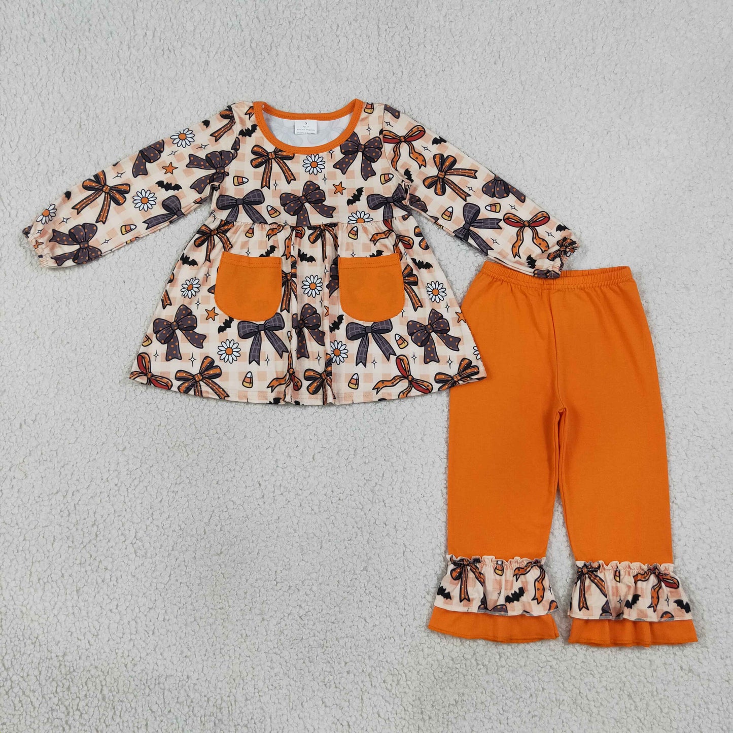 Baby Girls Bats Flowers Pockets Tunic Ruffle Pant Halloweens Clothes Sets