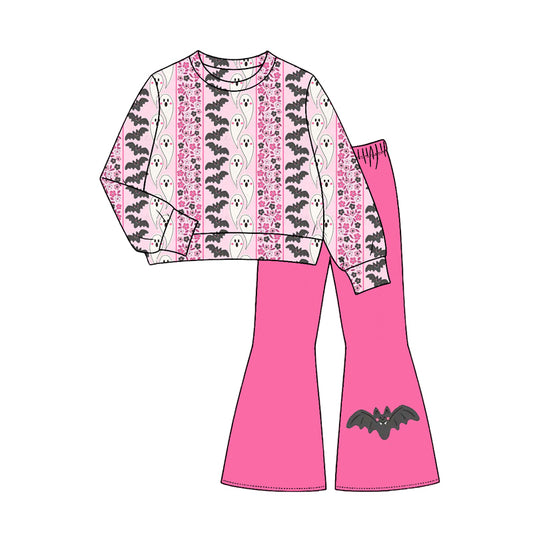 Baby Girls Bat Ghosts Stripe Top Flare Pant Halloweens Clothes Sets Preorder