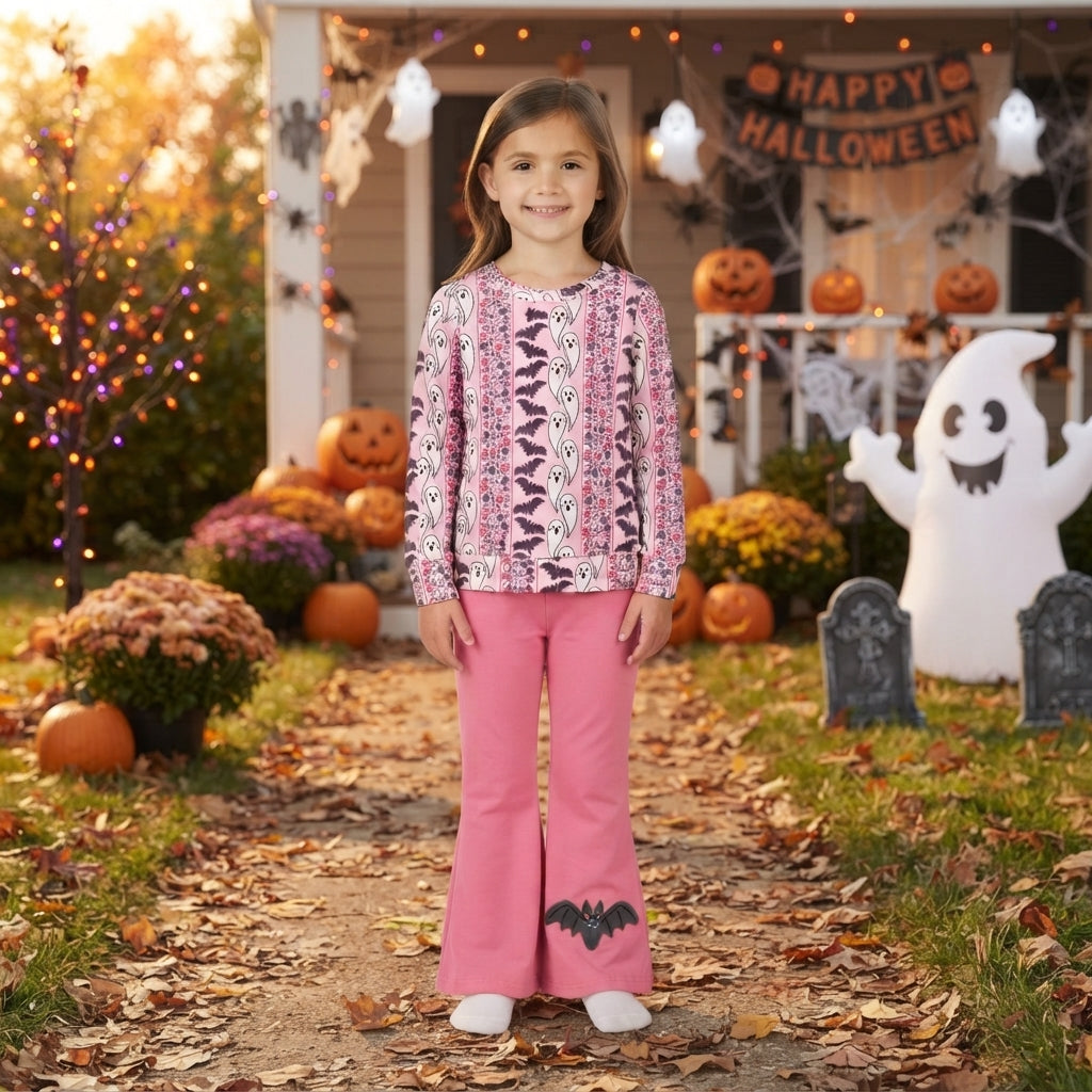 Baby Girls Bat Ghosts Stripe Top Flare Pant Halloweens Clothes Sets