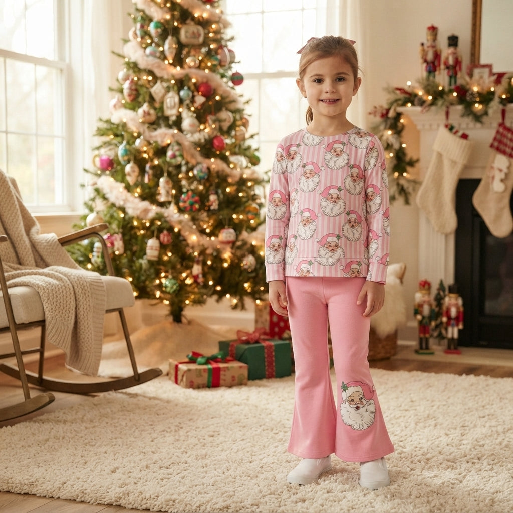 Baby Girls Pink Stripe Santa Top Flare Pant Christmas Clothes Sets