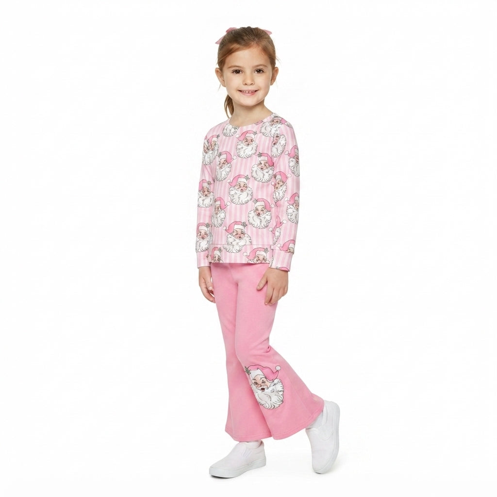 Baby Girls Pink Stripe Santa Top Flare Pant Christmas Clothes Sets