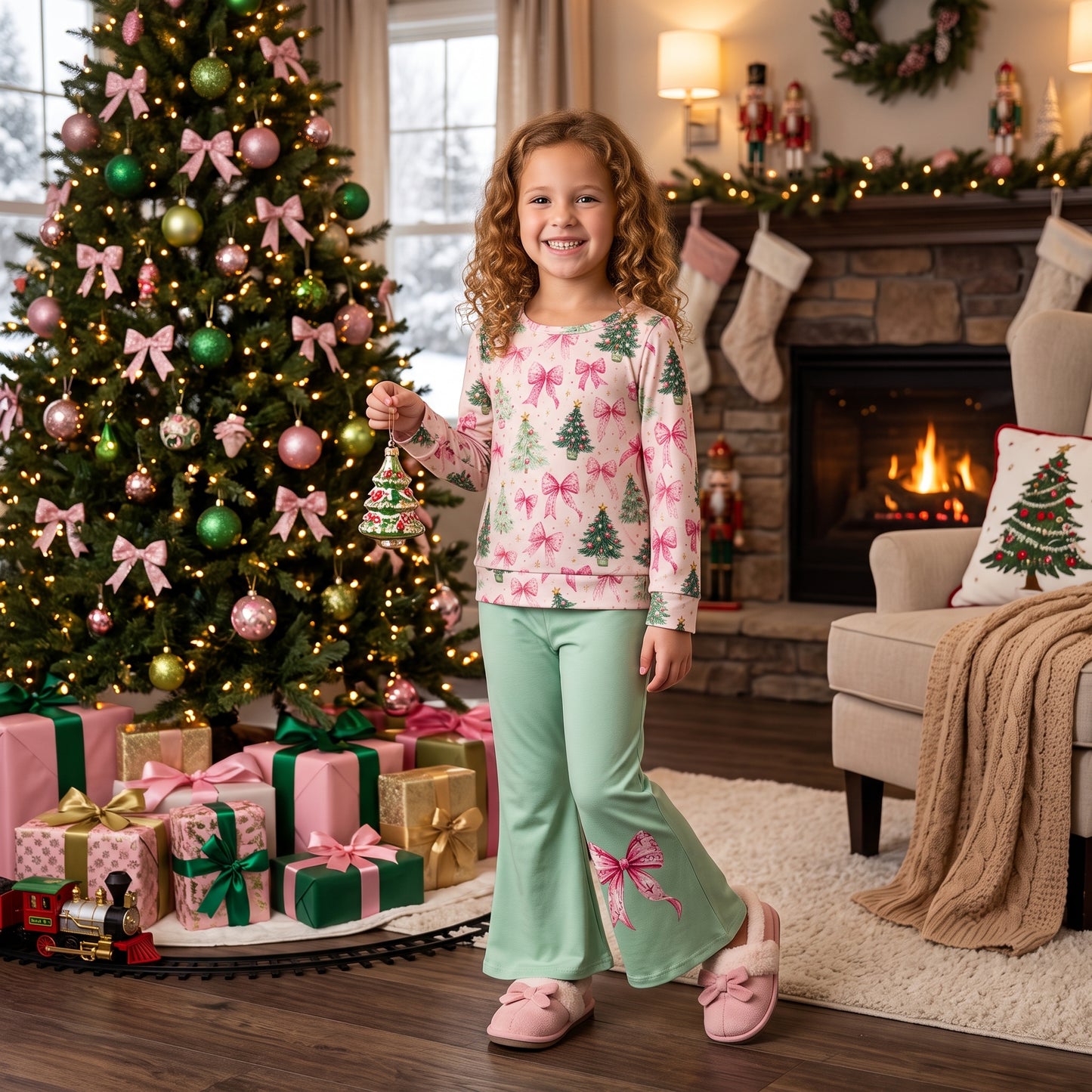 Baby Girls Pink Bows Trees Top Flare Pant Christmas Clothes Sets