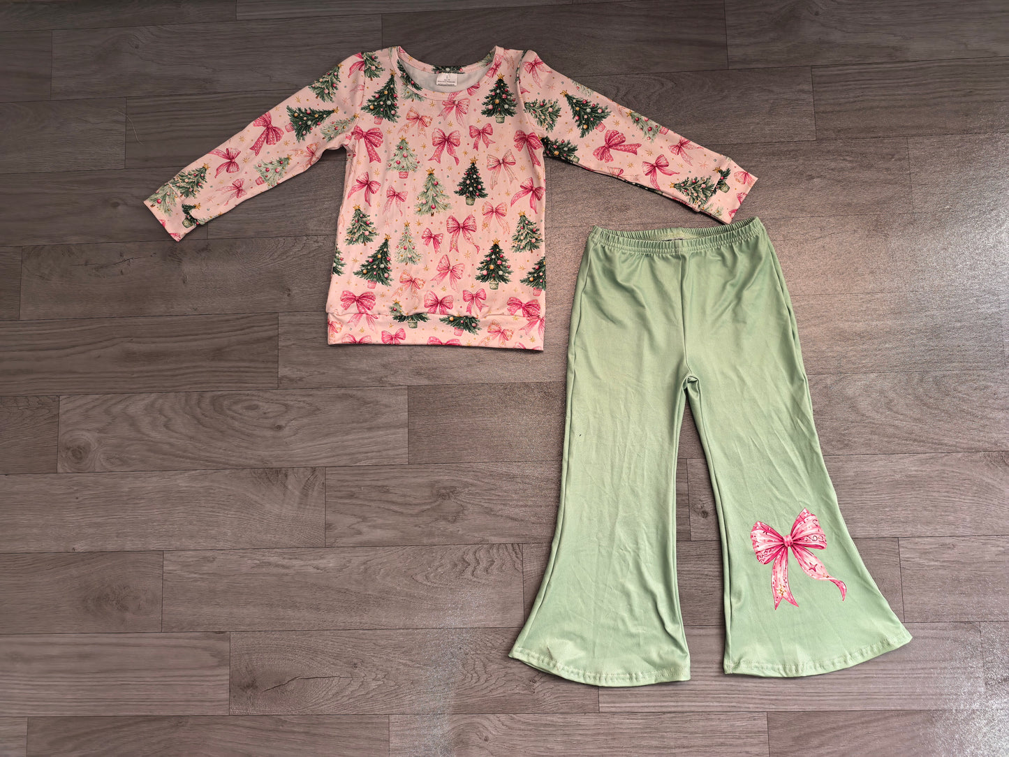 Baby Girls Pink Bows Trees Top Flare Pant Christmas Clothes Sets
