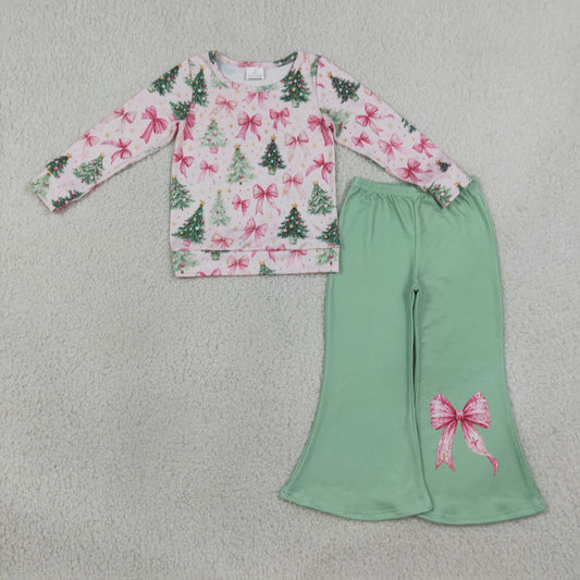 Baby Girls Pink Bows Trees Top Flare Pant Christmas Clothes Sets