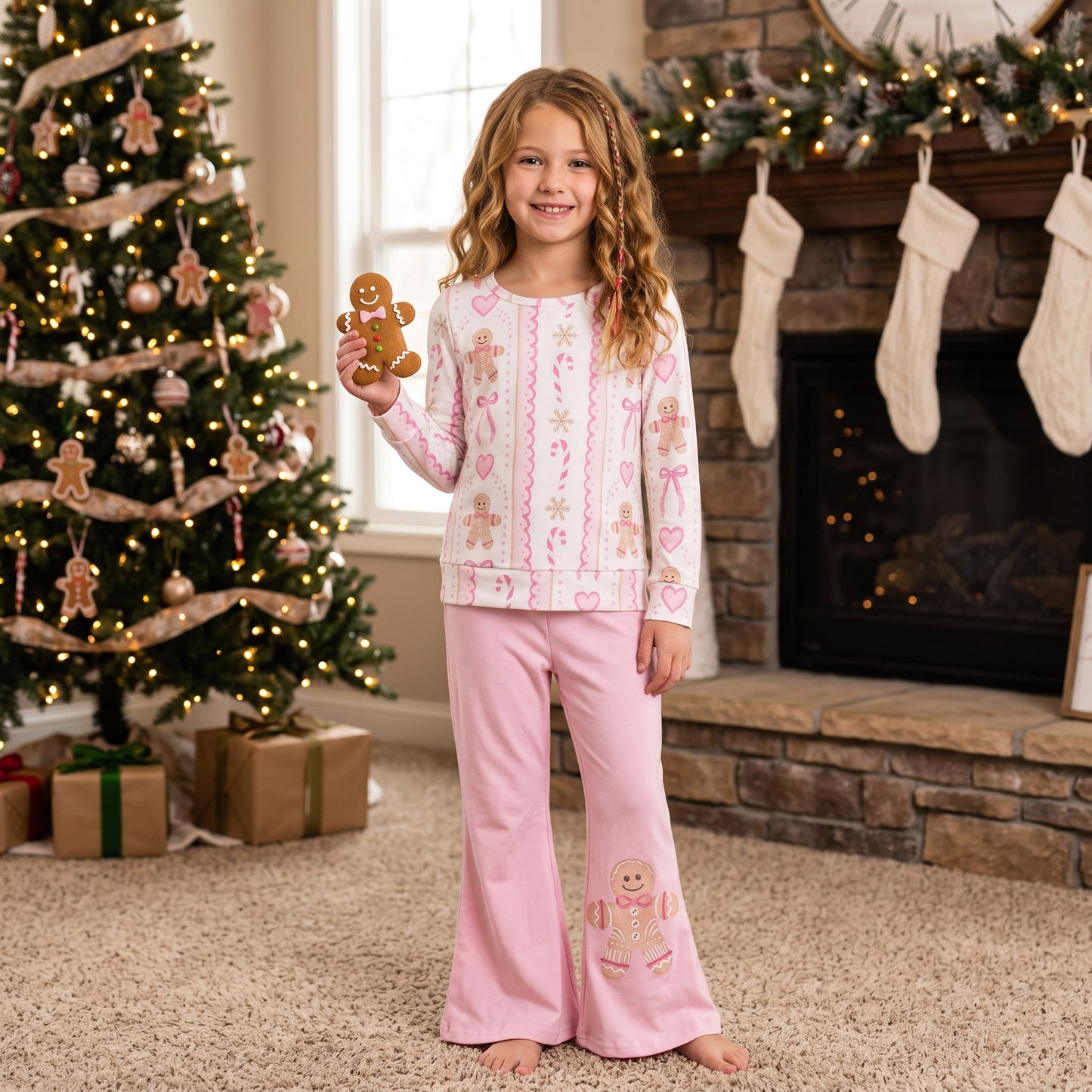 Baby Girls Bows Gingerbread Stripe Top Flare Pant Christmas Clothes Sets