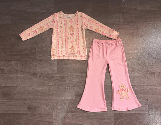 Baby Girls Bows Gingerbread Stripe Top Flare Pant Christmas Clothes Sets Preorder