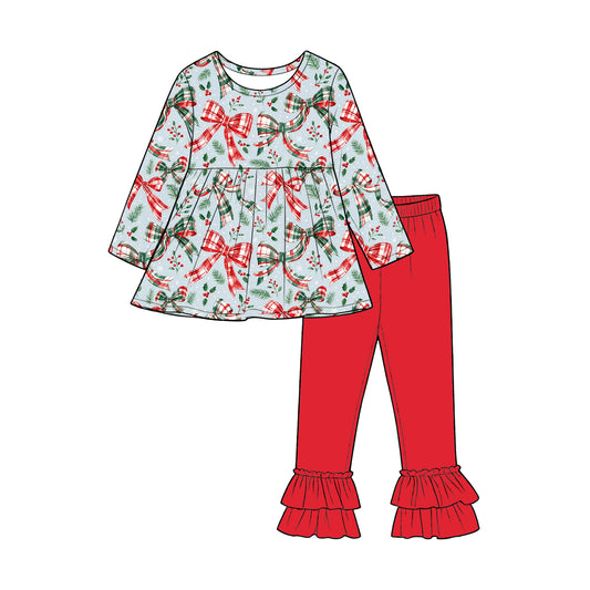 Baby Girls Checked Bows Holly Top Ruffle Pant Christmas Clothes Sets Preorder