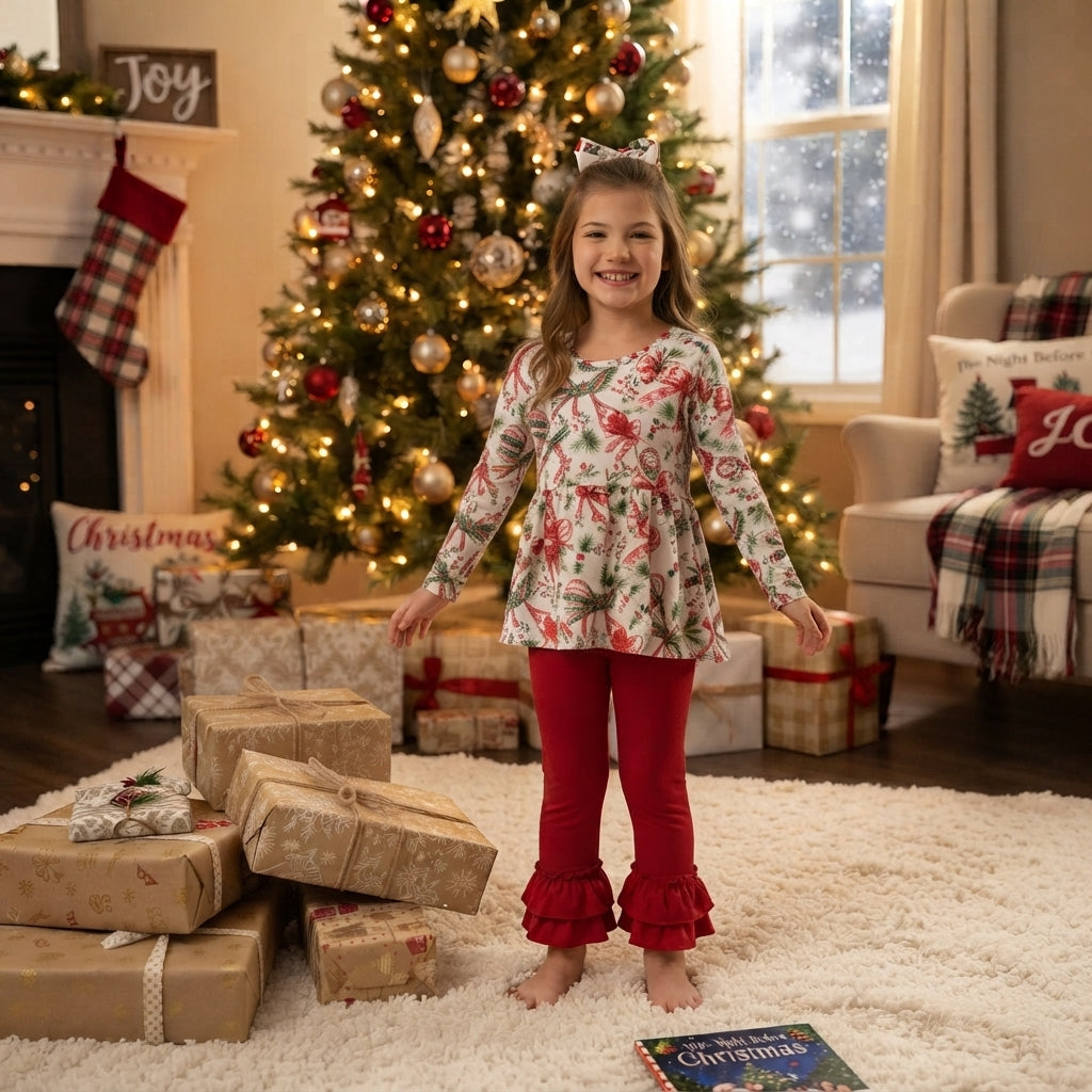 Baby Girls Red Green Checked Bows Holly Tunic Ruffle Pant Christmas Clothes Set