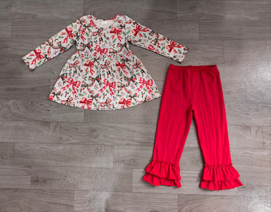 Baby Girls Checked Bows Holly Top Ruffle Pant Christmas Clothes Sets Preorder