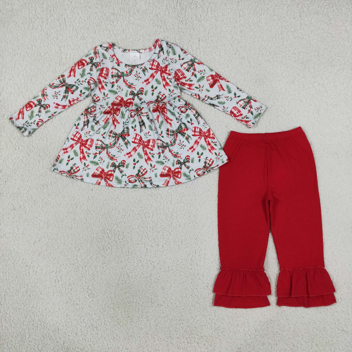 Baby Girls Red Green Checked Bows Holly Tunic Ruffle Pant Christmas Clothes Set