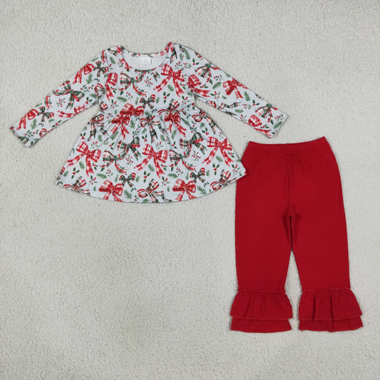 Baby Girls Red Green Checked Bows Holly Tunic Ruffle Pant Christmas Clothes Set