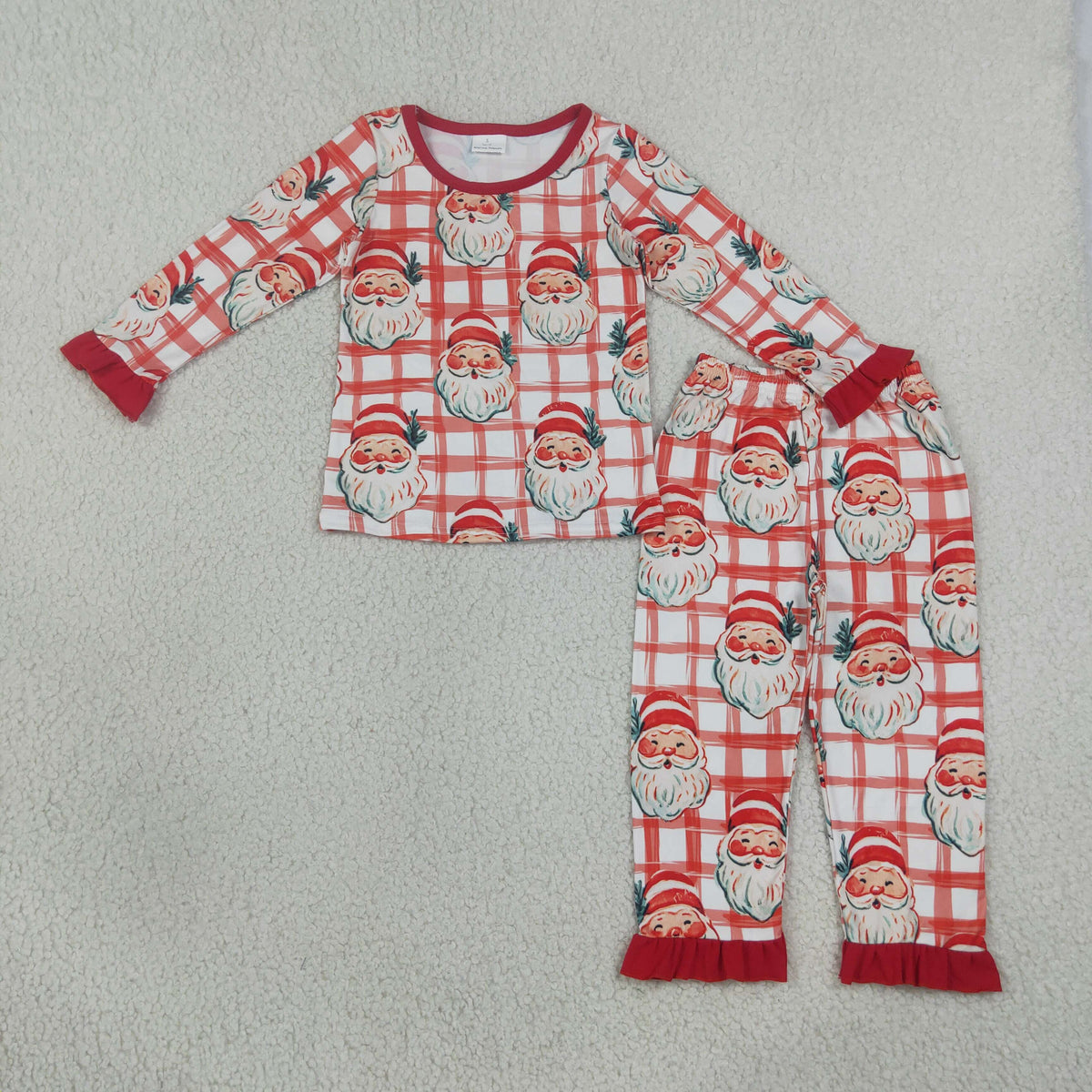 Baby Girls Red Checked Santa Top Ruffle Pants Christmas Pajamas Set