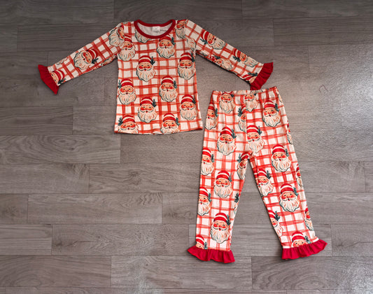 Baby Girls Red Checked Santa Top Ruffle Pants Christmas Pajamas Sets Preorder