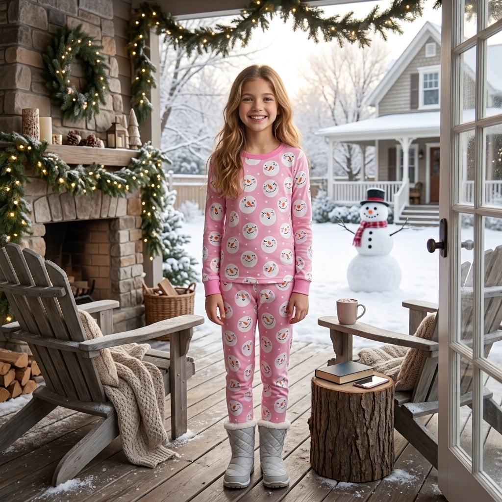 Baby Girls Pink Snowmen Top Pants Christmas Pajamas Sets