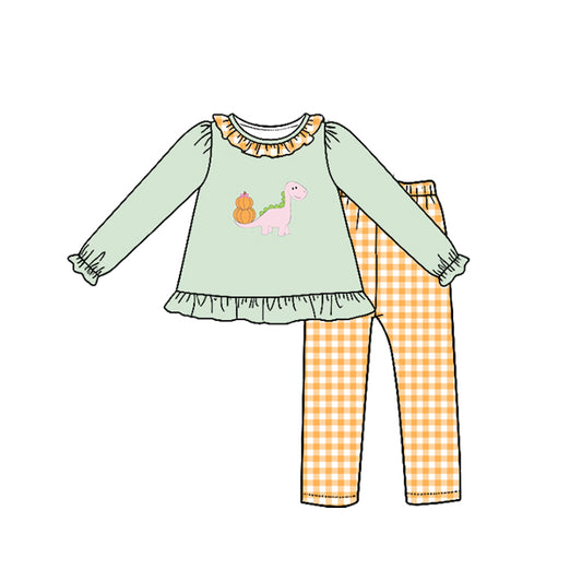Preorder moq 5 Baby Girls Pumpkins Dinosaur Tunic Checked Leggings Fall Clothes Sets