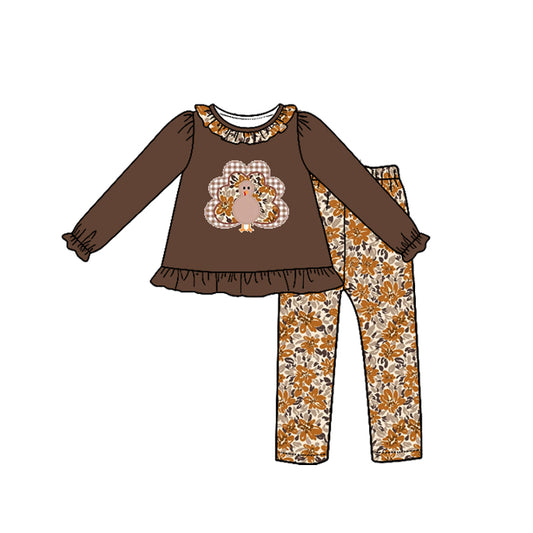 Preorder moq 5 Baby Girls Flowers Turkey Tunic Leggings Thanksgivings Clothes Sets