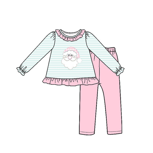 Preorder moq 5 Baby Girls Blue Stripe Santa Tunic Leggings Christmas Clothes Sets